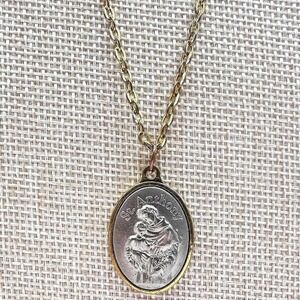 Vintage 80s‎ Gold Tone St Anthony Medal Pendant Necklace Silver Tone Jewelry Y2K